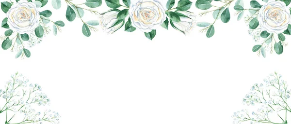 Rustic wedding watercolor banner. White creamy roses, eucalyptus and gypsophila branches isolated on white background. Floral design frame. Can be used for cards, banners, blog templates