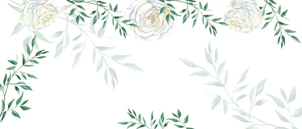 Rustic wedding watercolor banner. White creamy roses and greenery isolated on white background. Floral design frame. Can be used for wedding cards, banners, blog templates