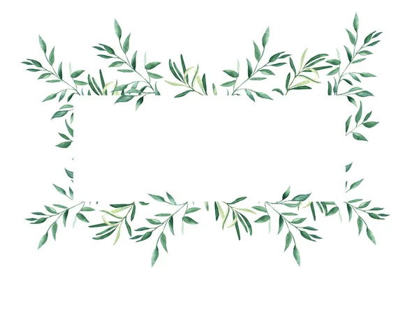 质朴的叶面水彩画的钟形框架 橄榄和开心果分枝 在白色背景上孤立的手工绘制的植物图解 可用于卡片 婚宴请柬 婴儿淋浴 — 图库照片