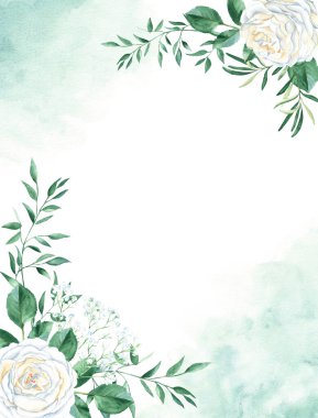 Çiçek arkaplan kartı. Kırsal düğün davetiyesi şablonu beyaz kremalı güller, çingene, şam fıstığı ve zeytin yaprağı, yeşil suluboya lekeleri. Tarihi kaydetmek için, tebrik kartları, poster ve
