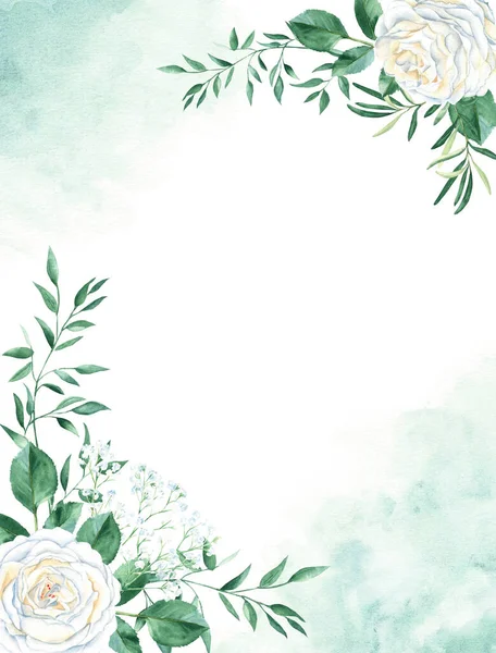 花背景卡 乡村婚礼请柬模板与白色乳白色玫瑰 吉普赛 开心果和橄榄叶 绿色水彩斑斓 保存日期 — 图库照片