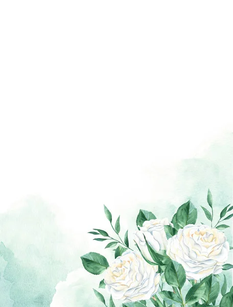 Květinová Karta Rustikální Svatební Pozvánka Šablony Bílými Krémovými Růžemi Zelené — Stock fotografie