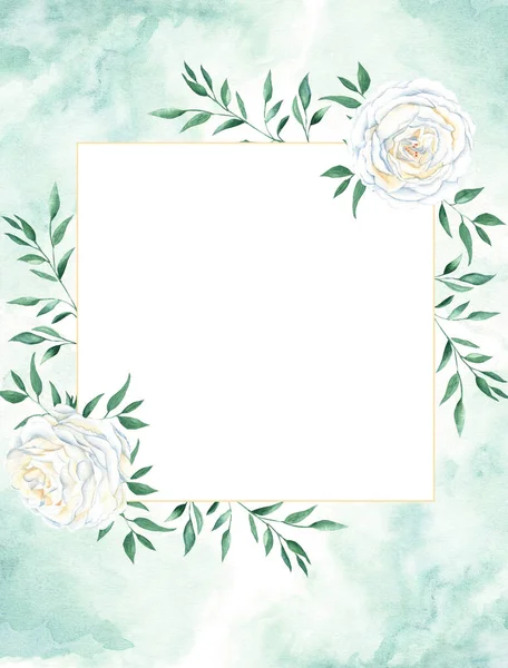 Цветочная Карта Сельский Свадебный Шаблон Приглашения Белыми Сливочными Розами Фисташковой — стоковое фото