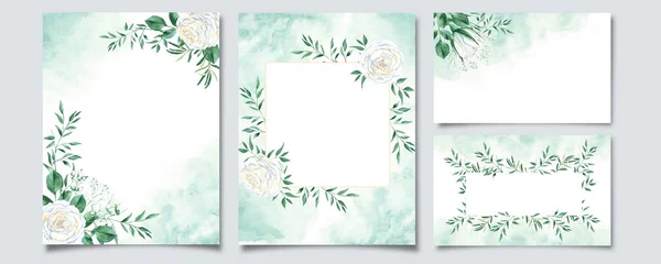 結婚式のテンプレート花の背景カード 白いクリーム色のバラ ピスタチオの葉 緑の水彩スプラッシュと金色の正方形のフレームを持つ素朴な結婚式の固定 招待状の日付を保存します — ストック写真