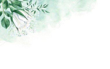 Çiçek arkaplan kartı. Kırsal düğün, beyaz gül ve şam fıstığı yaprakları, yeşil suluboya lekeleri. Randevu için teşekkürler ve misafir kartları.