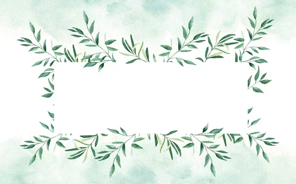 花背景卡 乡村婚礼 橄榄和开心果叶 绿色水彩斑斓 为了保存日期 谢谢你和名片 — 图库照片