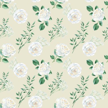 Beyaz güller, çingene çiçekleri ve şam fıstığı dallarıyla kusursuz bir desen. Suluboya çizimi. Düğün baskıları, hediye ambalajı, sevgililer günü ve doğum günü için geçmiş, farbik için kullanılabilir.