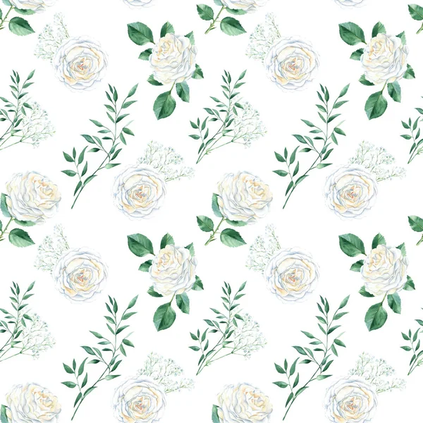 Seamless Pattern White Roses Gypsophila Pistachio Branches Watercolor Illustration Can — Stock Photo, Image
