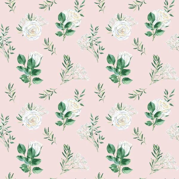 Seamless Pattern White Roses Gypsophila Pistachio Olive Branches Vintage Style — Stock Photo, Image