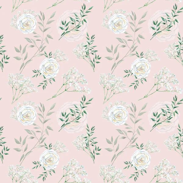 Seamless Pattern White Roses Gypsophila Pistachio Pistachio Branches Vintage Style — Stock Photo, Image