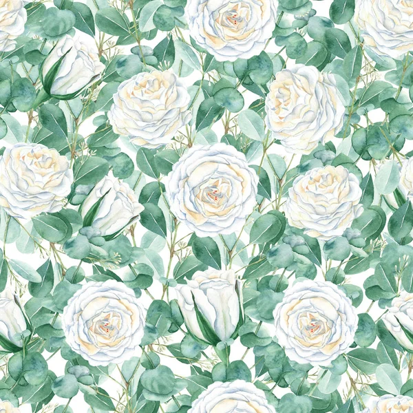 Seamless Pattern White Roses Eucalyptus Branches White Background Romantic Style — Stock Photo, Image