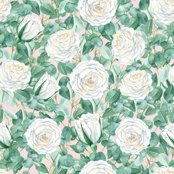 Naadloos Patroon Met Witte Rozen Eucalyptus Takken Roze Achtergrond Romantische — Stockfoto