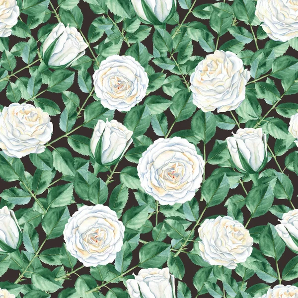 Seamless Pattern White Roses Green Leaves Black Background Watercolor Illustration — Stock Photo, Image
