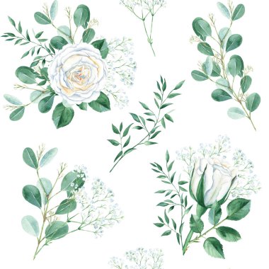 Seamless pattern with white roses, gypsophila, eucalyptus and pistachio branches. Watercolor illustration. Can be used for wedding prints, gift wrapping paper, backgrounds for Valentines day and clipart