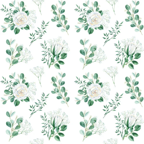 Płynny Wzór Białymi Różami Cyganami Eukaliptusem Gałęziami Pistacji Ilustracja Akwareli — Zdjęcie stockowe