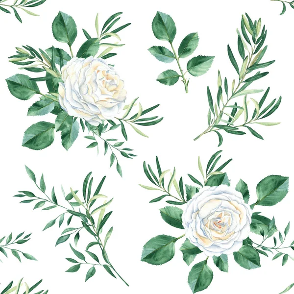 Seamless Pattern White Roses Olive Pistachio Branches Watercolor Illustration Rustic — Stock Photo, Image