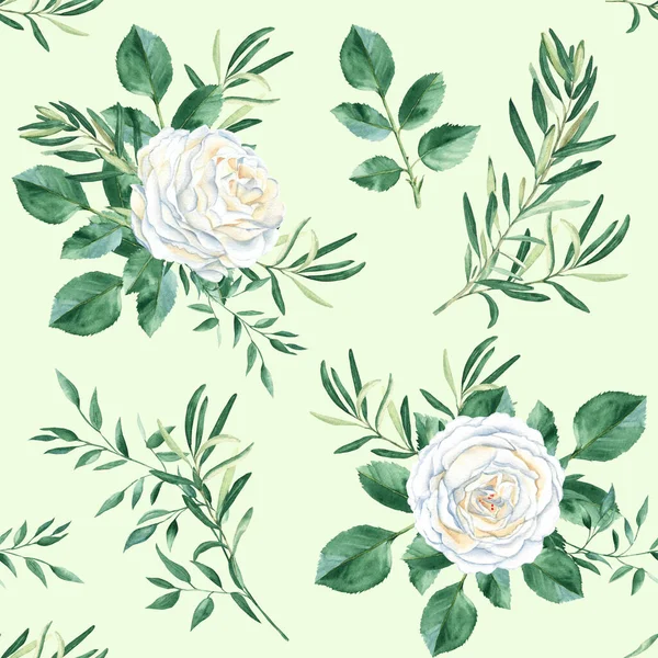 Seamless Pattern White Roses Olive Pistachio Branches Light Green Background — Stock Photo, Image