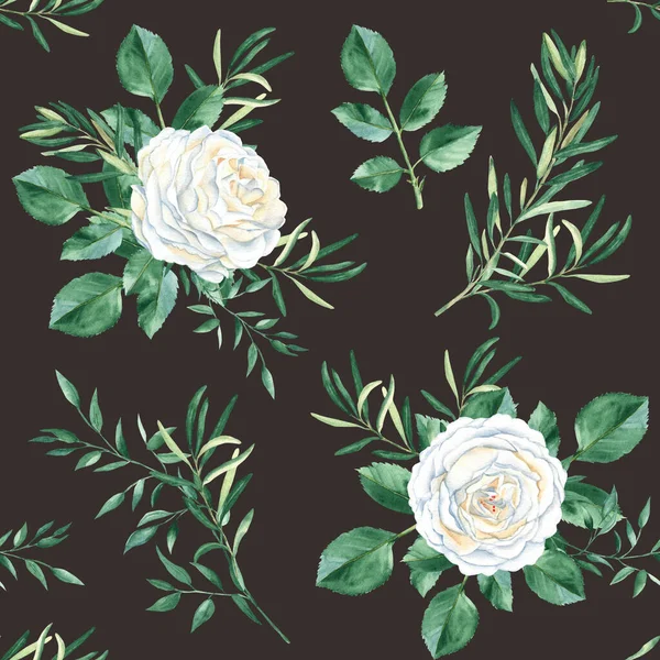 Seamless Pattern White Roses Olive Pistachio Branches Dark Brown Background — Stock Photo, Image
