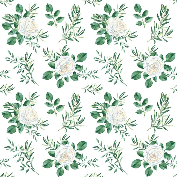 Seamless Pattern White Roses Olive Pistachio Branches Watercolor Illustration Rustic — Stock Photo, Image