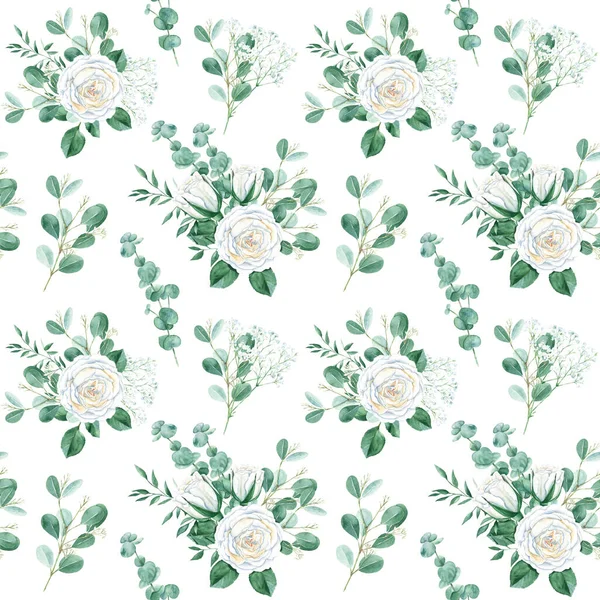 Zökkenőmentes Minta Fehér Rózsákkal Cigányvirággal Eukaliptusszal Pisztáciaágakkal Fehér Alapon Akvarell — Stock Fotó