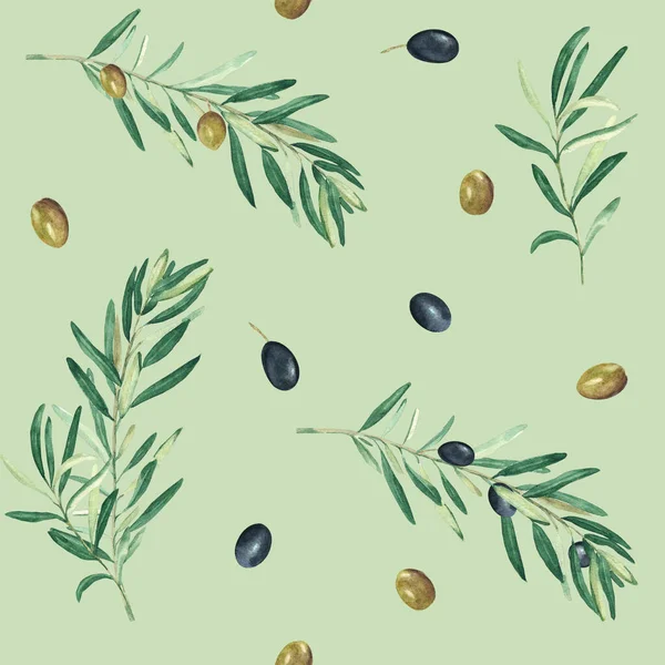 Beyaz arka planda yeşil ve siyah zeytin dalları olan dikişsiz suluboya deseni. Tekstil, duvar kağıdı baskıları, mutfak, yemek ve kozmetik tasarım için kullanılabilir