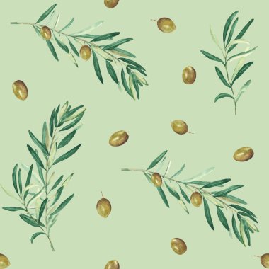 Yeşil zemin üzerinde yeşil zeytin dalları olan dikişsiz suluboya deseni. Tekstil, duvar kağıdı baskıları, mutfak, yemek ve kozmetik tasarım için kullanılabilir