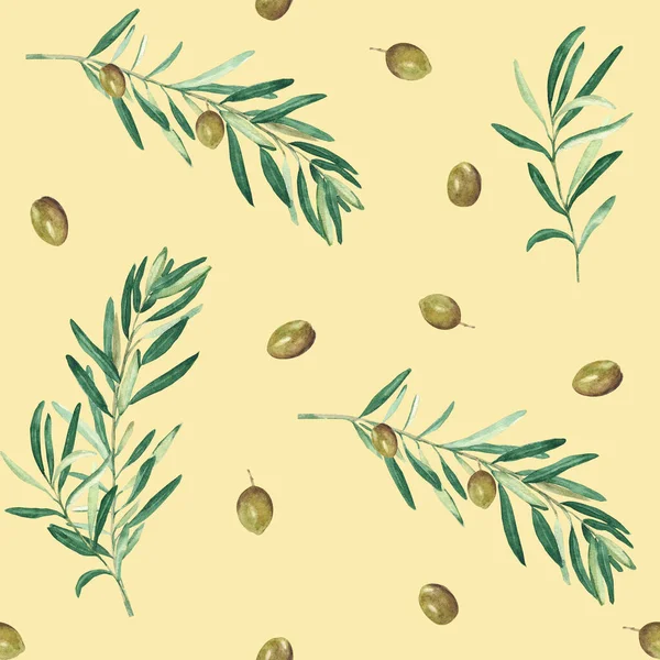 Akvarel Bezešvný Vzor Větvemi Zelených Oliv Bílém Pozadí Lze Použít — Stock fotografie