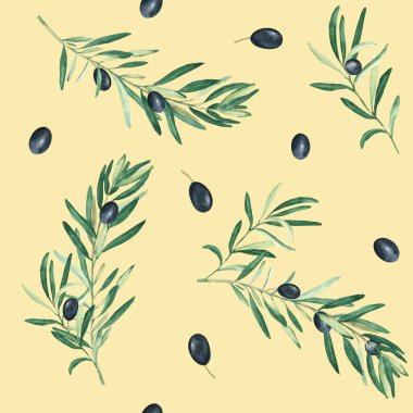 Bej arkaplanda siyah zeytin dalları olan dikişsiz suluboya deseni. Tekstil, duvar kağıdı baskıları, mutfak, yemek ve kozmetik tasarım için kullanılabilir