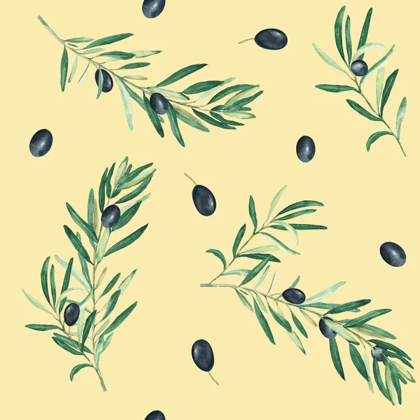 Akvarel Bezešvný Vzor Větvemi Černých Oliv Béžovém Pozadí Lze Použít — Stock fotografie