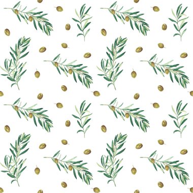 Beyaz arka planda yeşil zeytin dalları olan dikişsiz suluboya deseni. Tekstil, duvar kağıdı baskıları, mutfak, yemek ve kozmetik tasarım için kullanılabilir