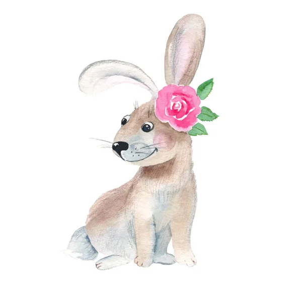 Lindo Conejo Con Rosa Rosa Aislado Sobre Fondo Blanco Acuarela —  Fotos de Stock