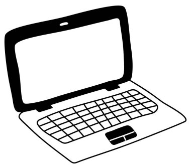 Açık dizüstü bilgisayarın el çizimi çizimi çizimi. Sevimli karalama basit çizgi sanatı. Düz vektör bilgisayar etiketi, simge ya da yazdırma. Beyaz arkaplanda izole.