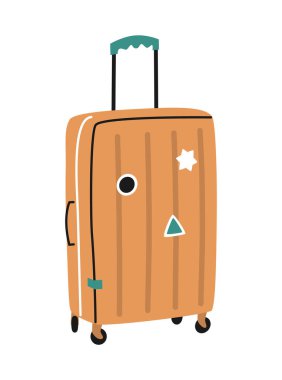 El çizimi güzel bir bavul çizimi. Basit renkli karalama stiliyle düz vektör bagaj etiketi. Göç, turizm, seyahat bagaj ikonu ya da baskı. Beyaz arkaplanda izole.