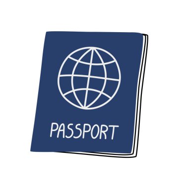Pasaportun el çizimi şirin bir karikatürü. Basit renkli karalama stiliyle düz vektör etiketi. Göç, turizm, seyahat belgesi ikonu ya da baskısı. Beyaz arkaplanda izole.
