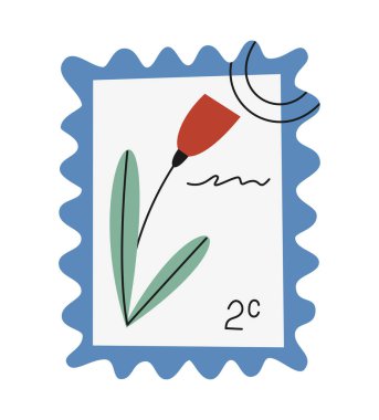 El çizimi, çiçekli şirin karikatür çizimi posta pulu. Basit renkli karalama stiliyle düz vektör posta etiketi. Gönder, yazışma, simge ya da yazdırma. Beyaz arkaplanda izole.