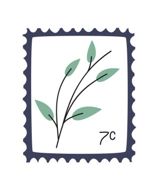 El çizimi, ince dallı ya da dallı şirin çizgi film çizimi posta pulu. Basit renkli karalama stiliyle düz vektör posta etiketi. Gönder, yazışma, simge ya da yazdırma. Beyaz arkaplanda izole.