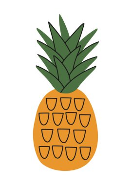 El çizimi, ananas ya da ananasın tatlı yaz çizimi. Düz vektör taze meyve, basit renkli karalama stilinde. Tropik egzotik çiğ gıda ikonu ya da baskısı. Beyaz arkaplanda izole.