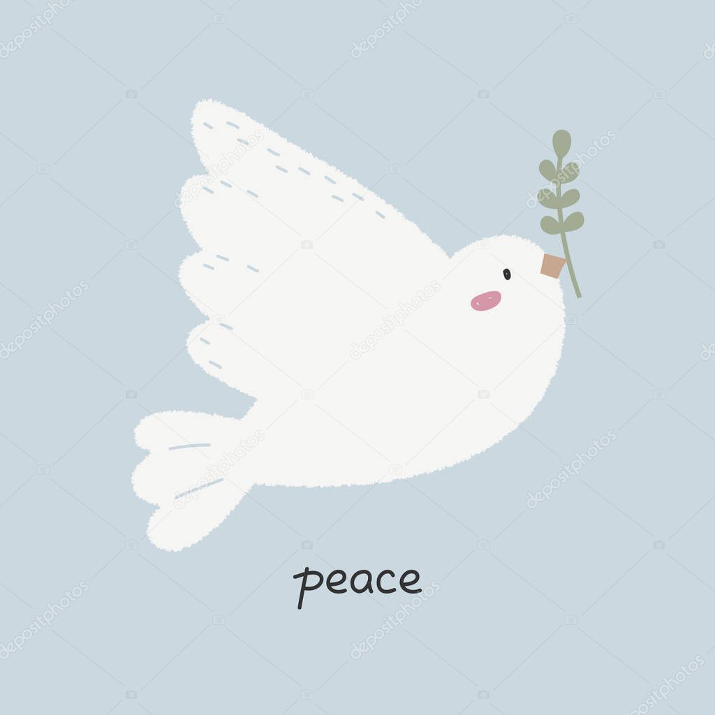 Hand drawn cute cartoon illustration of dove with olive branch. Peace lettering. Flat vector peace, love, no war concept in colored doodle style. Bird of freedom poster, postcard, or print design.