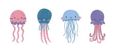 El çizimi, farklı denizanası setlerinin hoş çizimi. Deniz altında düz bir vektör, okyanus hayvanı renkli karalama tarzında. Poster, kartpostal ya da çocuklar için baskı tasarımı. Beyaz arkaplanda izole.