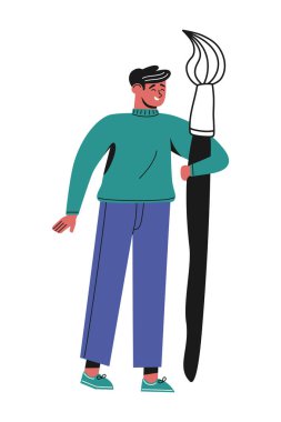 Büyük boya fırçası tutan çocuk ya da adamın çizgi film çizimi. Yaratıcı sanatçı veya tasarımcı iş başında. Yazma ya da çizim kavramı. Metin yazarı, blogcu, serbest yazar. Düz vektör şirin karakter. İzole edilmiş.