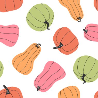 Hand drawn cute autumn seamless pattern with colorful pumpkins. Flat vector Halloween and Thanksgiving print design in doodle style. Repeated background fall harvest wrapping or wallpaper.