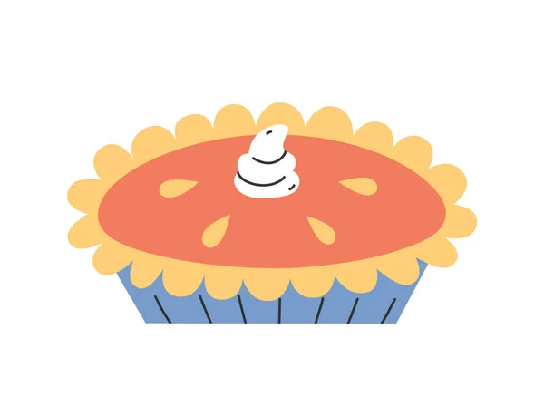 Hand Drawn Cute Cartoon Illustration Pumpkin Pie Whipped Cream Flat — Stockvector
