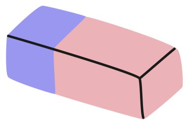 Hand drawn cute contemporary illustration of pink and purple rubber eraser. Flat vector stationery sticker or icon in simple colored doodle style. Study, write, correction. Isolated.