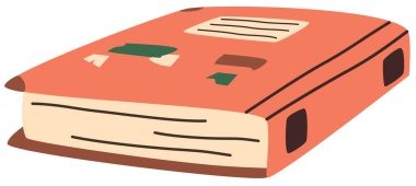 Hand drawn cute contemporary illustration of red diary, book or notebook with stickers. Flat vector sticker or icon in simple colored doodle style. Isolated on white background.