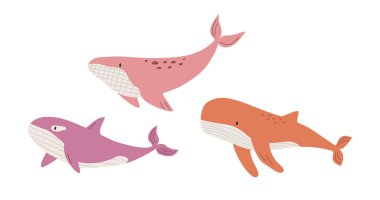 Hand drawn cute cartoon illustration set of whales under the water. Flat vector undersea, sea animal, mammal in colored doodle. Sticker, icon or print design. Isolated on white background.