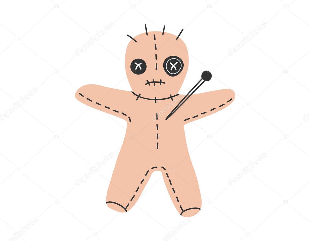 Hand drawn cute cartoon illustration of magic voodoo doll. Flat vector puppet with a needle in the heart sticker in simple colored doodle style. Esoteric icon or print. Isolated on white background.