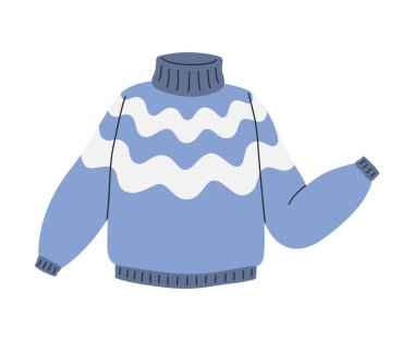 Elle çizilmiş sonbahar ya da kış süveterinin hoş bir çizimi. Düz vektör, basit renkli karalama tarzında sıcak ve rahat giysiler. Yün, örgü kazak çıkartması, simge ya da parmak izi. Beyaz arkaplanda izole.