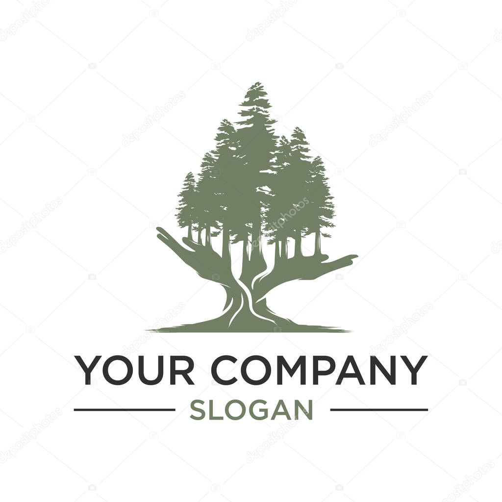 Hand and pine tree logo