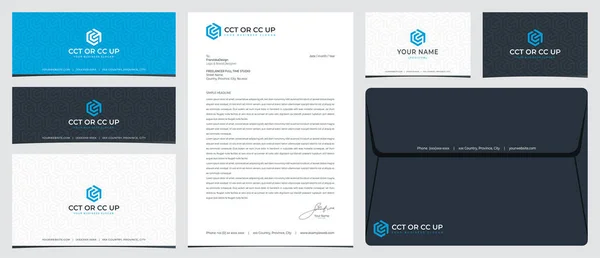 Kağıt, kartvizit ve sosyal medya afişi içeren CCT veya CC UP altıgen logosu