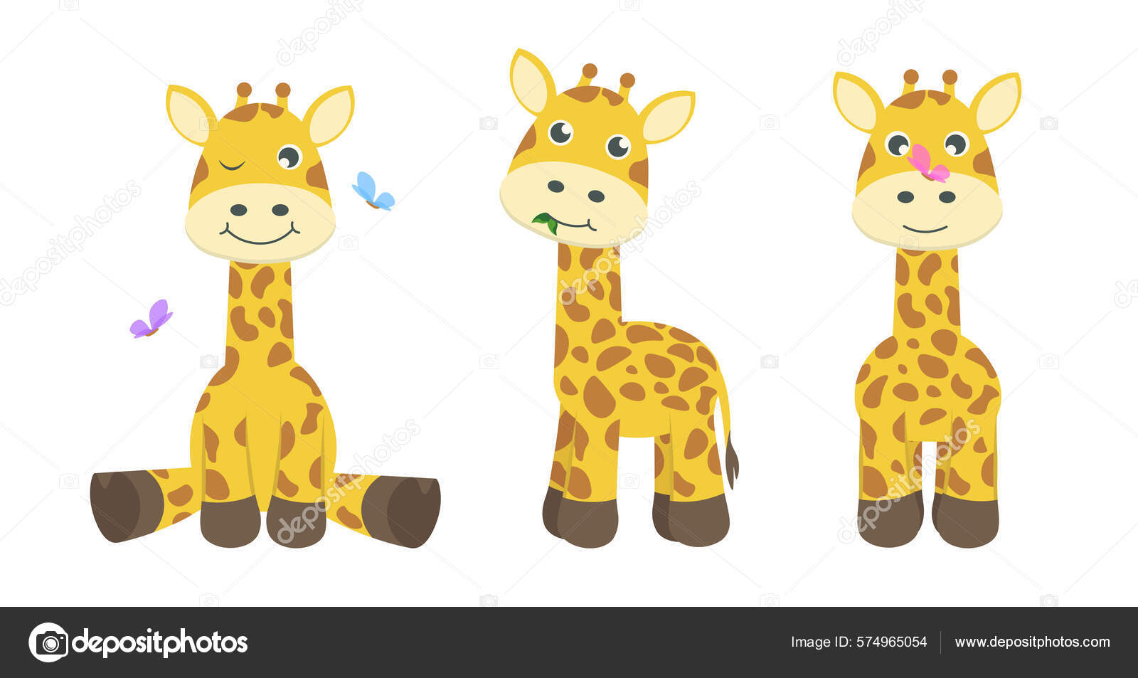 白色背景的长颈鹿可爱而美丽不同姿势的迷人人物快乐地坐着蝴蝶以卡通风格四处飞舞图库矢量图©modernvectorshop@gmail.com  574965054, image size:1600x953